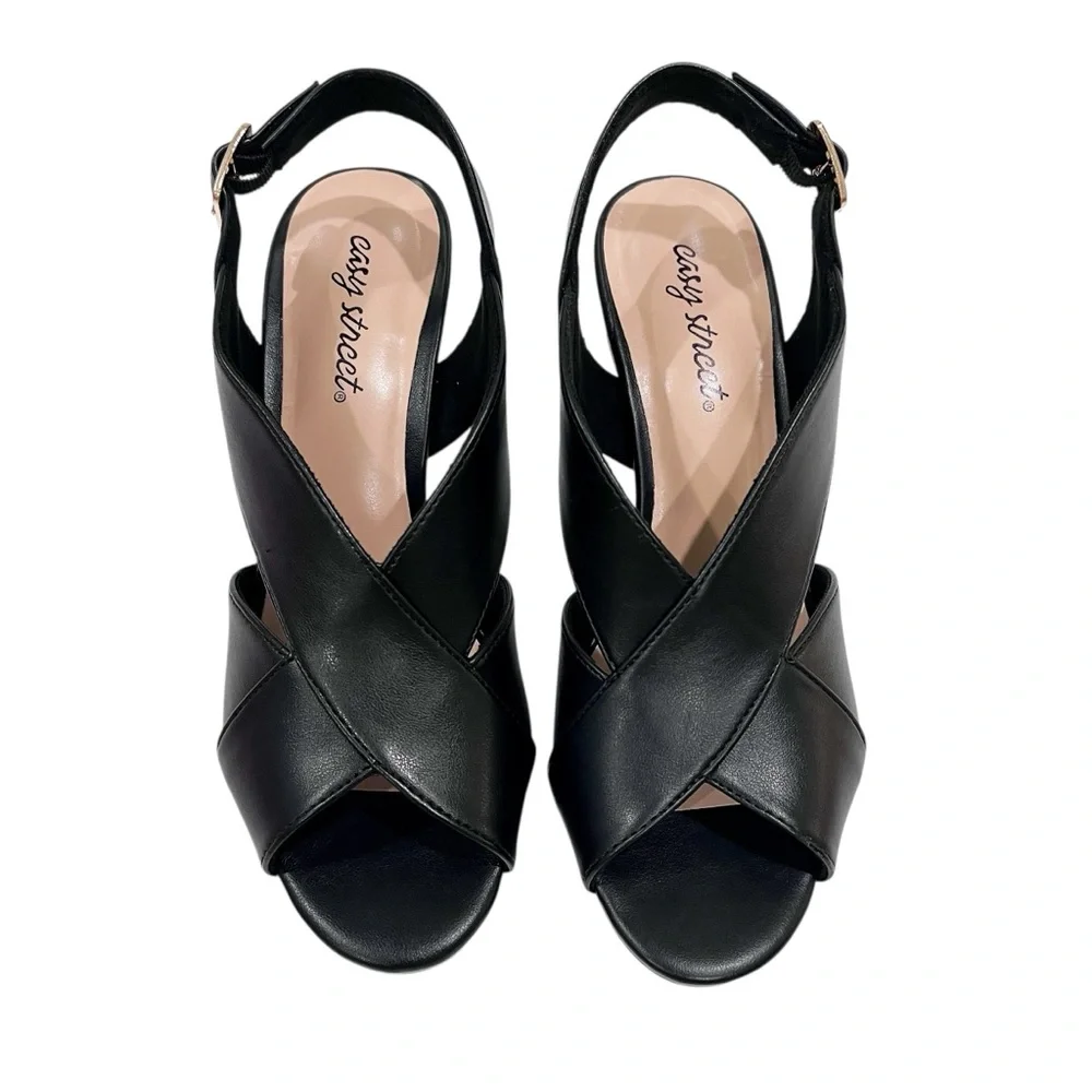 Easy Street Christy Slingback Heeled Sandals Cross Strap Buckle 7.5 Black NEW - Picture 6 of 16